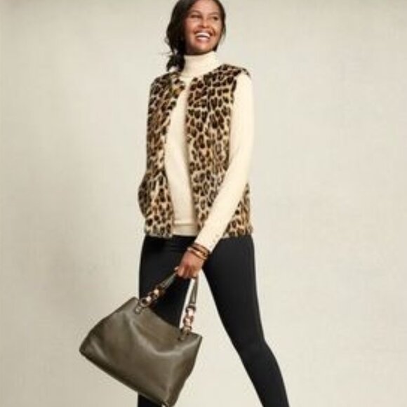 Talbots Leopard Faux Fur Vest With Pockets Medium - Picture 1 of 12